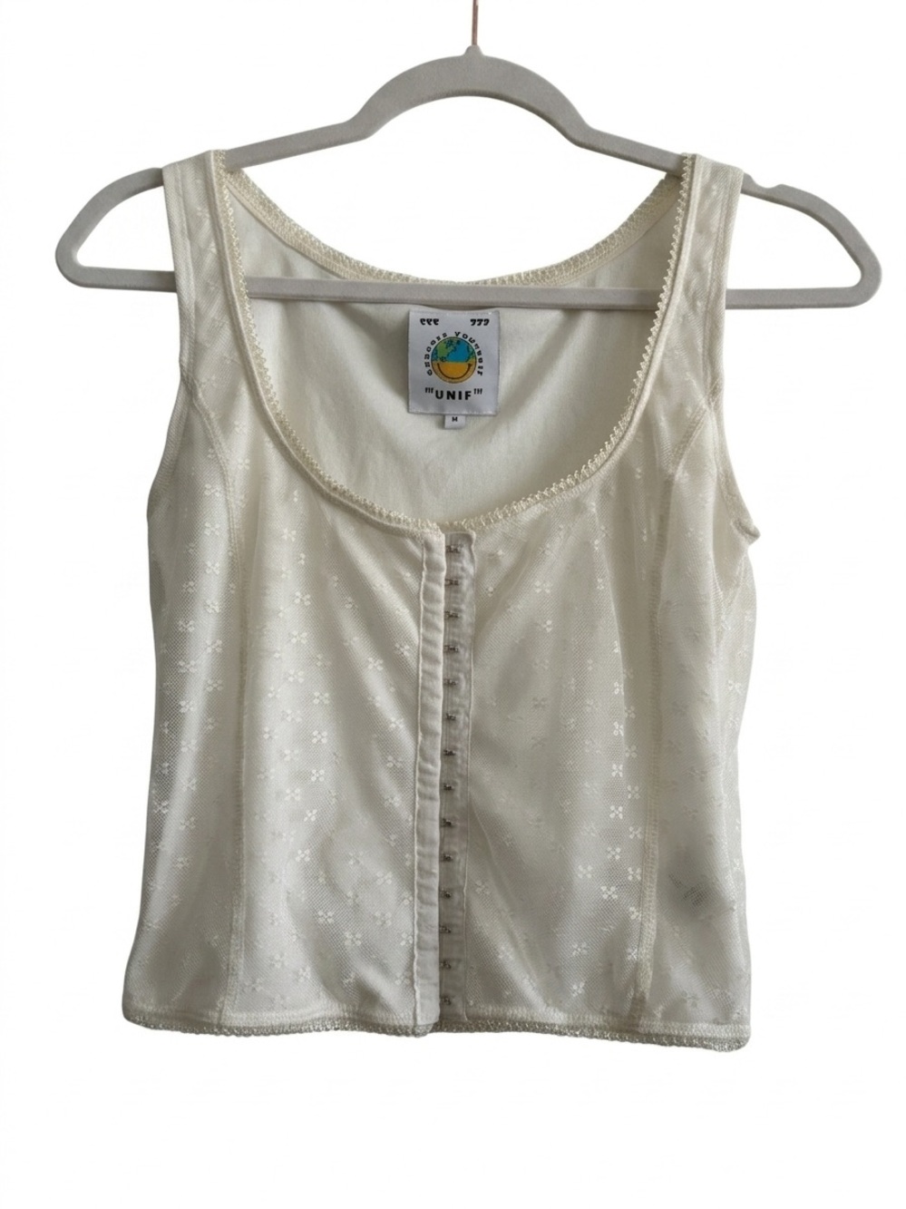 UNIF Cream "Express Yourself" Mesh Hook & Eye Lace Trim Tank Top Coquette